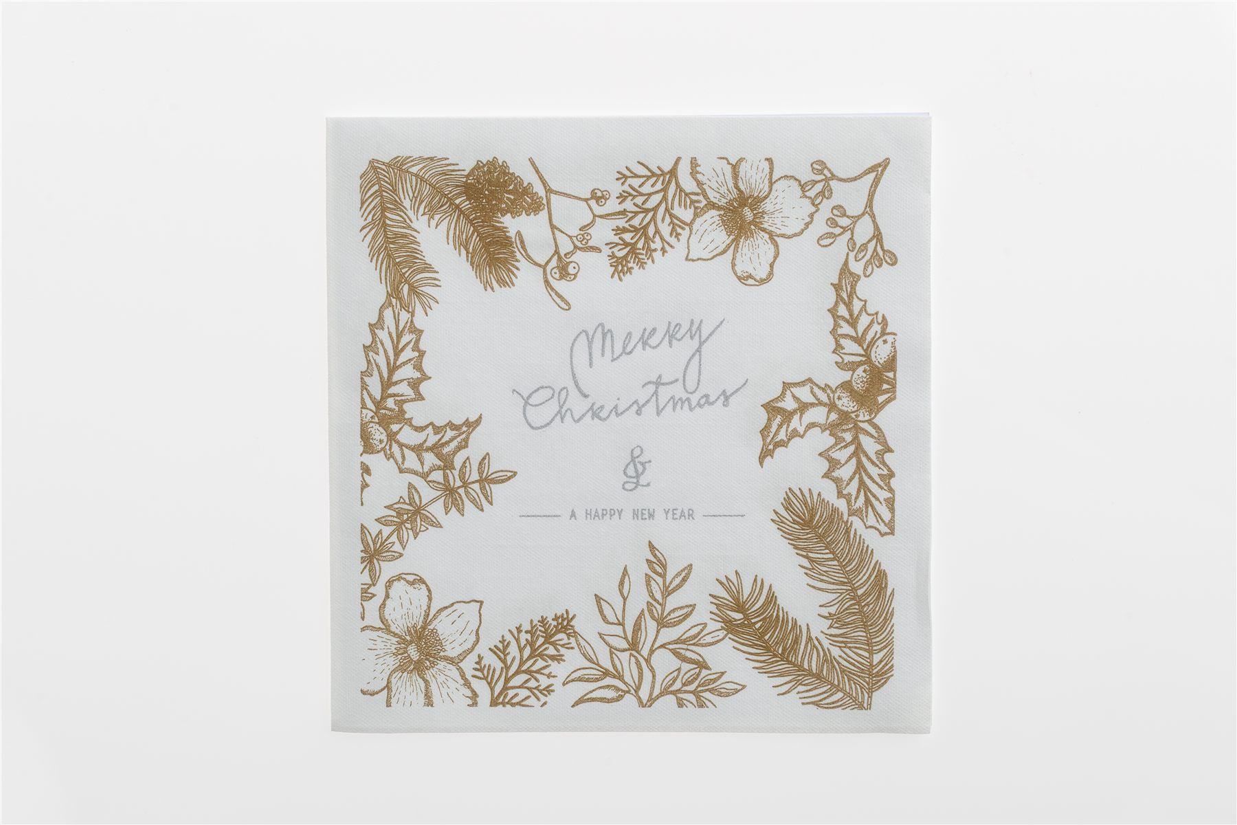 White napkin with a gold holly border and Merry Christmas script