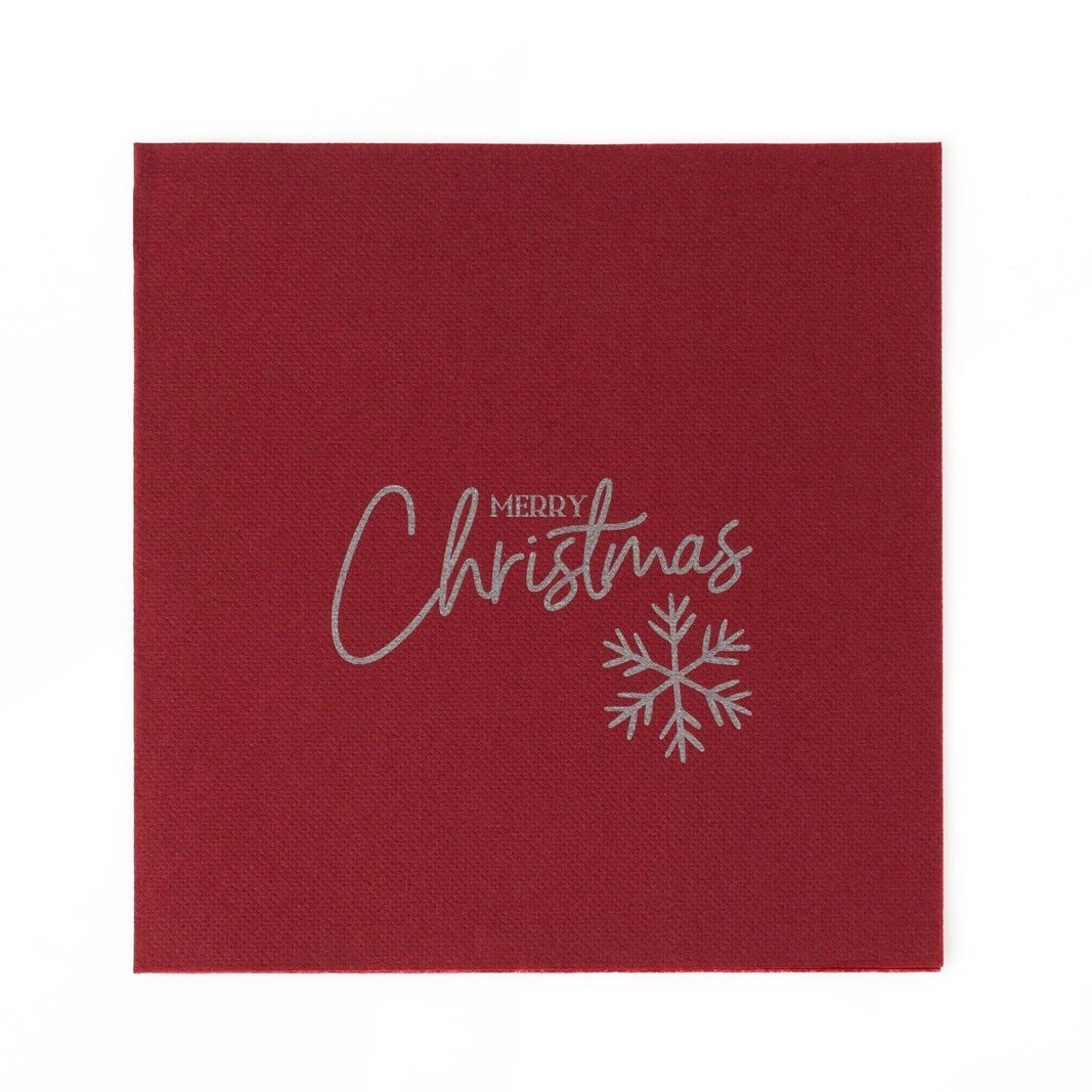 Bordeaux Airlaid napkin with Merry Christmas script and snowflake